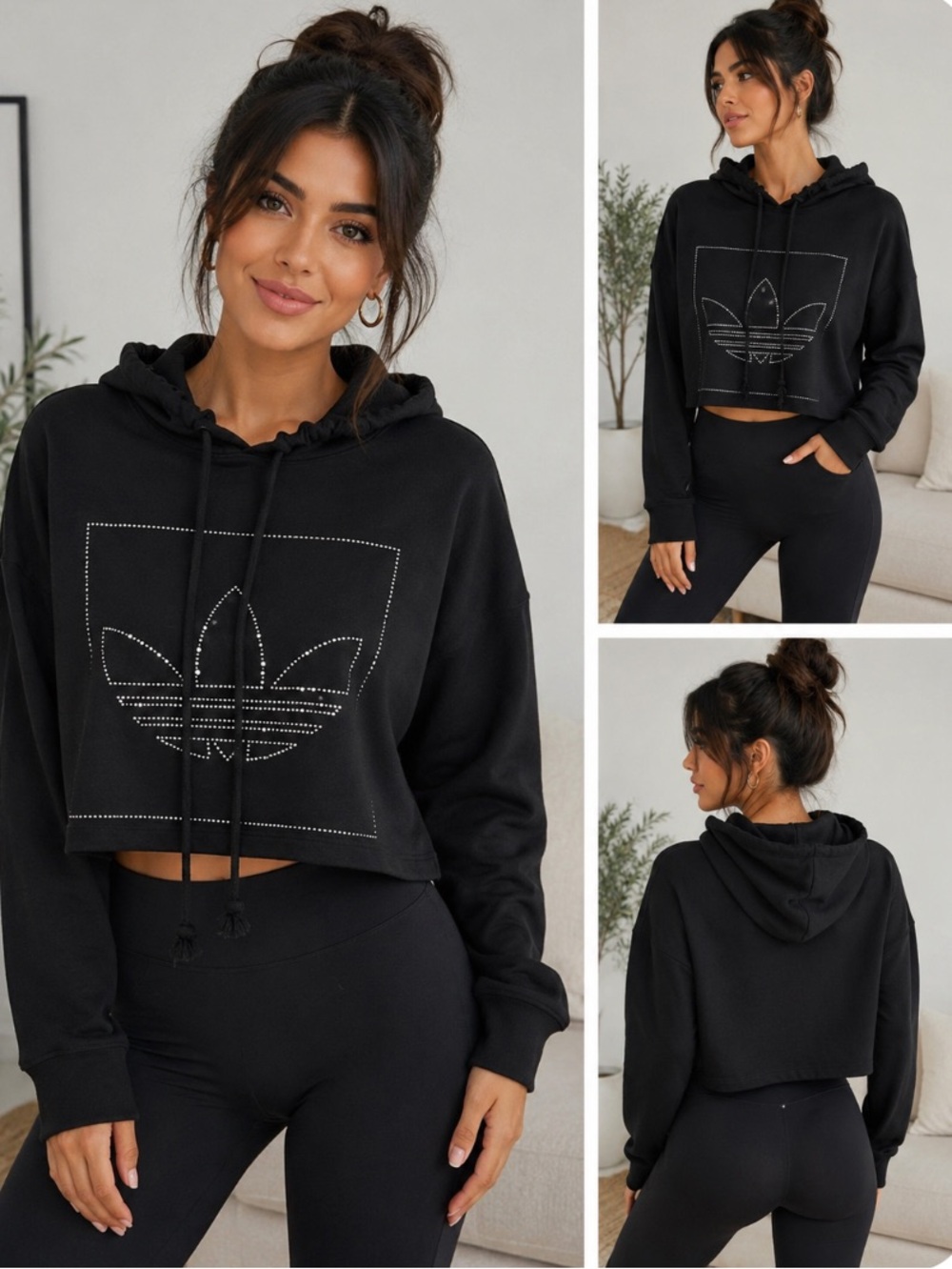 Adidas Rhinestone Trefoil Cropped Hoodie Sz XXS - Picture 1 of 6